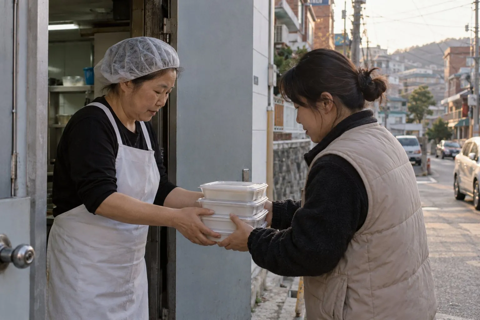 급식실에서 복지기관에 예비식을 전달하는 모습